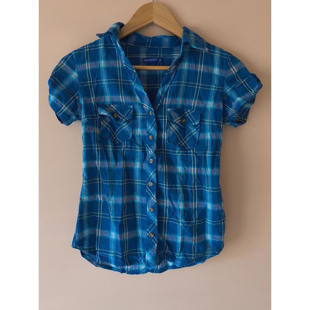 Terranova Women's XS Blue Plaid Cotton Button Up Shirt Roll Tab Short Sleeve